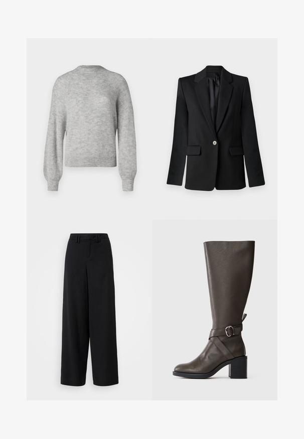 Fekete zakó füles gallérral, egy gombos záródással, két elülső zsebbel és struktúrált vállakkal. Sima anyag, testhezálló fazon.; Világosszürke, puha anyagból készült kötött pulóver, kerek nyakkivágással és hosszú, enyhén puffos ujjakkal, bordás szegéllyel.; Fekete, széles szárú nadrág sima anyagból, lapos elejű kialakítással, redőzött részletekkel és övhurkokkal a derékrészen.; Sötétbarna, térdig érő bőr csizma közepes tömbsarkúval és dekoratív, ezüst csattal ellátott pánttal a bokán.