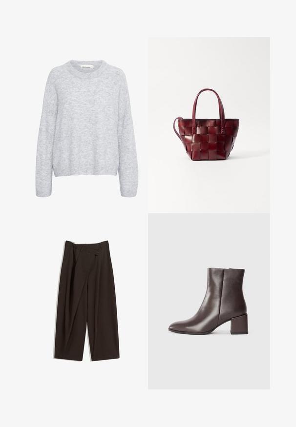 Blazer nero con revers a sacchetto, chiusura a un bottone, due tasche frontali e spalle strutturate. Tessuto liscio con una vestibilità sartoriale.; Maglione grigio a maglia con una vestibilità comoda, scollo rotondo e maniche lunghe. Texture morbida con sottili variazioni di tonalità.; Pantaloni a gamba larga marrone scuro con vita alta, dotati di una chiusura con bottone singolo e una parte anteriore plissettata. Realizzati in tessuto leggero.; Stivale alla caviglia in pelle marrone con un design elegante, punta affusolata e tacco quadrato. Texture liscia e silhouette minimalista.; Borsa a tote in pelle borgogna intrecciata con due manici corti e una tracolla rimovibile. Presenta una forma strutturata e una texture liscia.