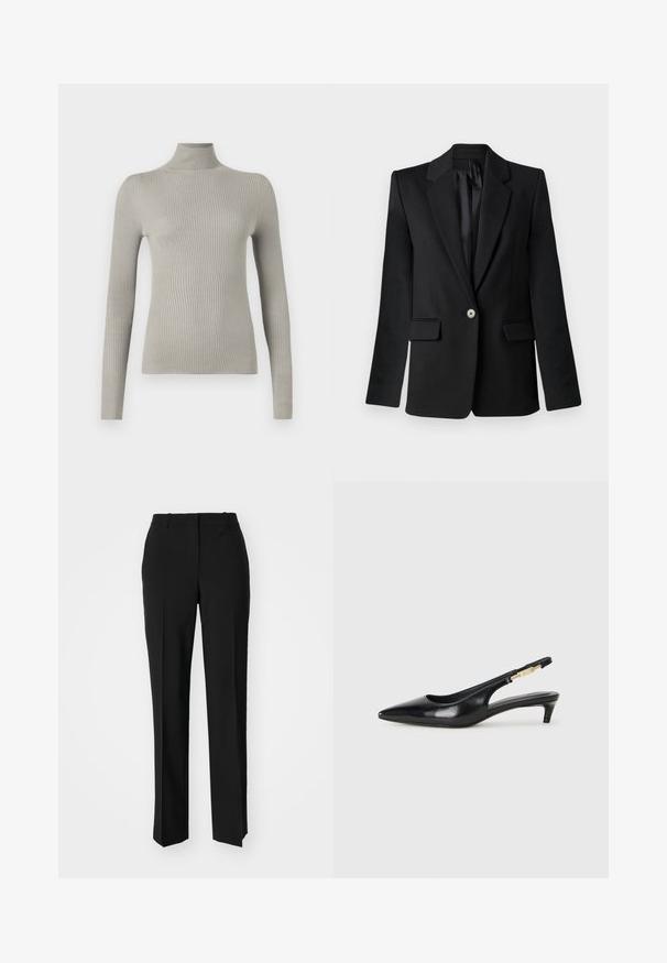 Blazer nero con revers a sacchetto, chiusura a un bottone, due tasche frontali e spalle strutturate. Tessuto liscio con una vestibilità sartoriale.; Maglione a collo alto grigio chiaro a coste con maniche lunghe. Texture morbida, design aderente, con collo alto e finitura senza cuciture.; Pantaloni neri su misura con un design a gamba dritta, caratterizzati da una texture liscia e pieghe ben definite sul davanti. Senza hardware visibile.; Tacchi slingback in pelle nera con punta affusolata, caratterizzati da un tacco alto e un accento dorato sulla cinghia regolabile. Texture liscia.