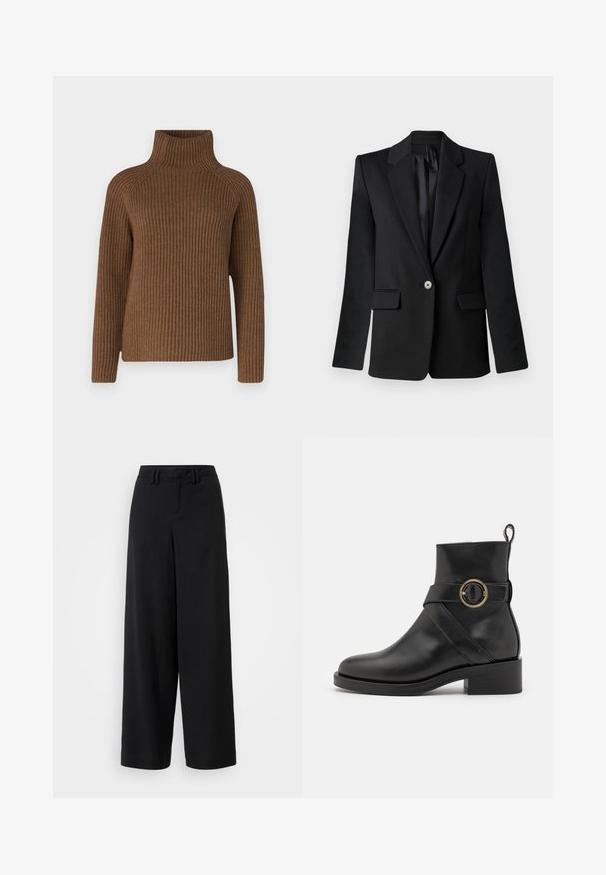 Blazer nero con revers a sacchetto, chiusura a un bottone, due tasche frontali e spalle strutturate. Tessuto liscio con una vestibilità sartoriale.; Maglione a collo alto marrone a coste con maniche lunghe, caratterizzato da un collo alto aderente e una vestibilità rilassata, realizzato in materiale a maglia con texture.; Pantaloni neri a gamba larga realizzati in tessuto morbido, con un design a vita piatta, dettagli plissettati e passanti per cintura in vita.; BOSS IRYNA BOOTIE - Stivaletti con plateau - black