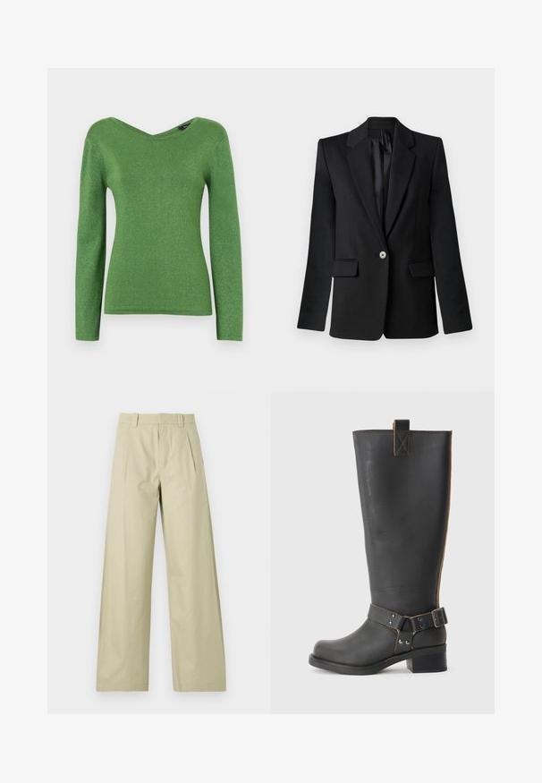 Black blazer with notched lapels, single-button closure, two front pockets, and structured shoulders. Smooth fabric with a tailored fit.; Green long-sleeve top made of shimmering fabric, featuring a V-neck and fitted silhouette, with smooth texture and no visible embellishments.; Wide-leg trousers in light beige cotton, featuring a flat front with pleats, belt loops, and cuffed hems. Smooth texture and casual design.; Black leather knee-high boot with a textured finish, featuring a side buckle accent and a low heel. Detailed stitching along the seams.