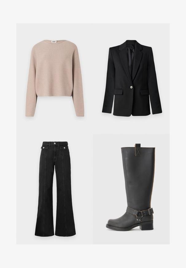 Musta jakku, jossa on viisto kaulus, yhden napin sulkeminen, kaksi etutaskua ja muotoillut olkapäät. Sileä kangas ja istuva leikkaus.; Beige lyhyt neule, jossa on pitkät hihat, valmistettu ribattu materiaalista, ja jossa on laaja pääntie sekä hienovaraisia ompeluyksityiskohtia.; Mustat farkkukangas leveälahkeiset housut, joissa on korkea vyötärö, kaksi etutaskua, hopeasävyiset yksityiskohdat ja näkyvät saumarivistöt edessä.; Musta nahkainen polvisaumaboot, jossa on teksturoitu pinta, sivussa solkiyksityiskohta ja matala korko. Yksityiskohtainen ommel saumoissa.