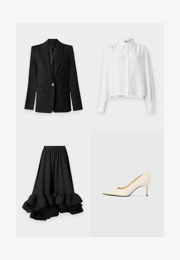 Musta jakku, jossa on viisto kaulus, yhden napin sulkeminen, kaksi etutaskua ja muotoillut olkapäät. Sileä kangas ja istuva leikkaus.; Valkoinen napillinen paita rentoa istuvuutta, jossa on levitetty kaulus, pitkät hihat ja hieman lyhennetty helma. Sujuva, kevyt kangas.; Musta polvipituinen hame kerroksellisella röyhelöhelmalla, valmistettu sileästä kankaasta, jossa on joustava vyötärö mahdollistaen säädettävän istuvuuden.; Valkeasta nahasta valmistetut korkeakorkoiset kengät, joissa on terävä kärki, sileä pinta ja musta pohja. Klassinen muotoilu kohtuullisella korokekorkeudella.