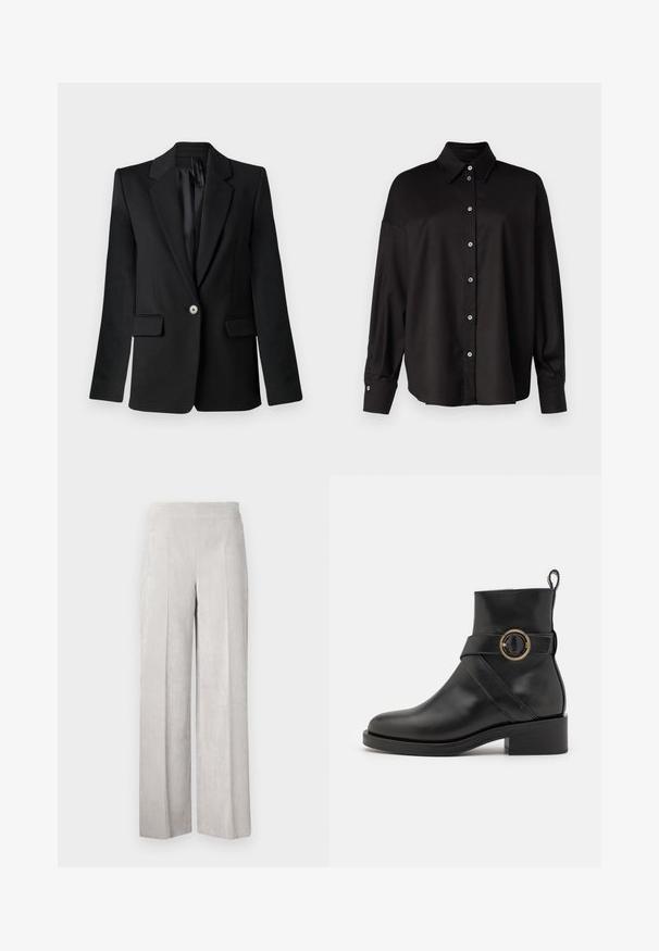 Zwarte blazer met gesneden revers, sluiting met één knoop, twee voorzakken en gestructureerde schouders. Glad materiaal met een getailleerde pasvorm.; DRYKORN LYSILA - Overhemdblouse - black; Lichtgrijze corduroy wijde broek met een soepele textuur, featuring verticale ribbels en een hoge tailleband voor een relaxte pasvorm.; BOSS IRYNA BOOTIE - Enkellaarsjes met plateauzool - black