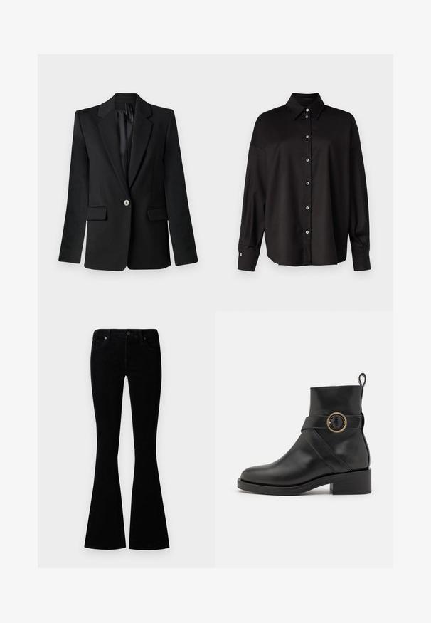 Blazer nero con revers a sacchetto, chiusura a un bottone, due tasche frontali e spalle strutturate. Tessuto liscio con una vestibilità sartoriale.; DRYKORN LYSILA - Camicia - black; Jeans neri a zampa d'elefante realizzati in denim, con vita medio-alta, cinque tasche e chiusura con bottone in metallo per un tocco di dettaglio.; BOSS IRYNA BOOTIE - Stivaletti con plateau - black