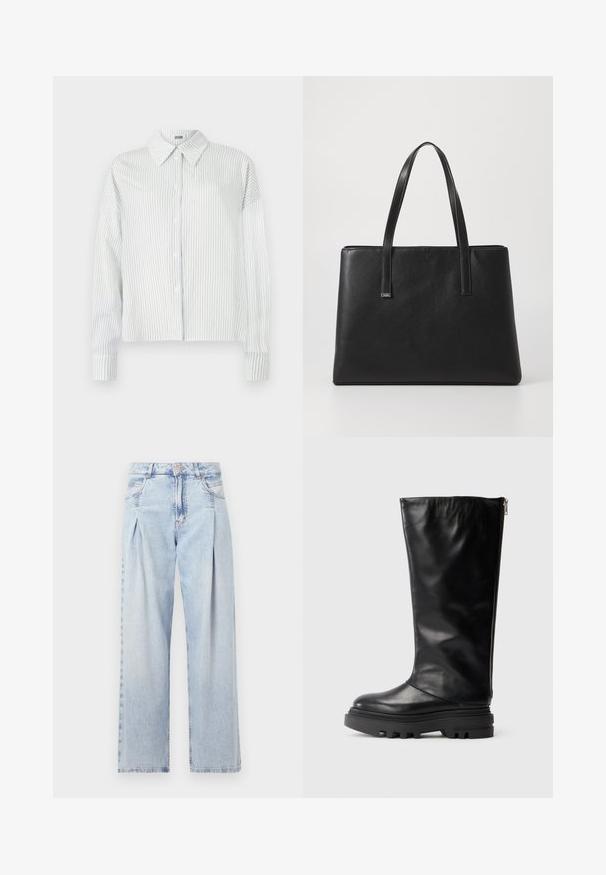 Černý saka s klopami, zapínáním na jediný knoflík, dvěma předními kapsami a strukturovanými rameny. Hladká tkanina s upraveným střihem.; Bílá košile s dlouhým rukávem, na knoflíky, s tenkými vertikálními šedými pruhy a špičatým límečkem, na jednobarevném pozadí.; Světlé modré džíny z denimu s vysokým pasem, širokým střihem, dvěma bočními kapsami a nařaseným designem. Měkká textura s vybledlým povrchem.; Černá kožená vysoká bota po kolena s kulatou špičkou, masivní gumovou podrážkou a bočním zipem na zapínání. Hladký povrch s minimem detailů.; Černá kožená taška přes rameno s dvěma dlouhými držadly, obdélníkový tvar, texturovaný povrch a minimalistický design. Žádné viditelné kovové prvky či akcenty.