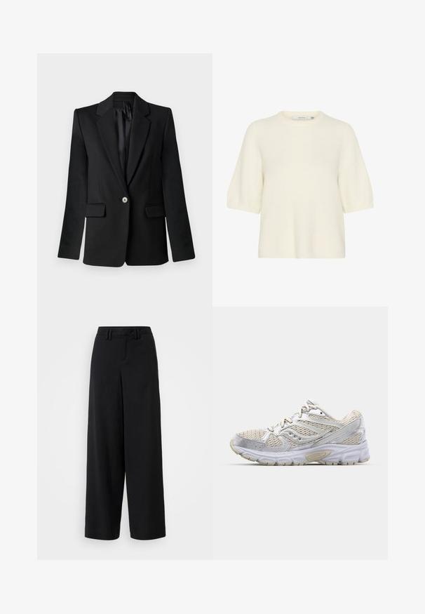 Svart blazer med slagkrage, enkelt knappesteg, to frontlommer og strukturerte skuldre. Glatt stoff med skreddersydd passform.; Kortermet genser med rund hals laget av mykt, fluffy materiale i off-white. Har en avslappet passform med ribbestrikkede mansjetter og nederkant.; Sorte brede bukser laget av glatt stoff, med flat frontdesign, plisserte detaljer og beltehemper i midjen.; Lettvekts løpesko med en hvit mesh-overdel med sølvdetaljer, polstret såle og teksturert gummiyttersåle for godt grep.