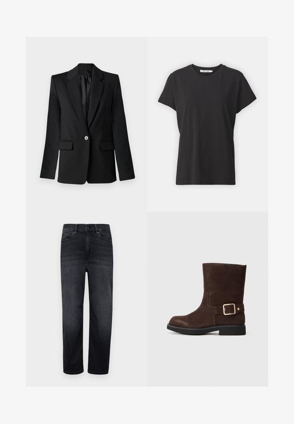 Zwarte blazer met gesneden revers, sluiting met één knoop, twee voorzakken en gestructureerde schouders. Glad materiaal met een getailleerde pasvorm.; Zwarte katoenen t-shirt met een klassieke ronde hals, korte mouwen en een ontspannen pasvorm. Soepele textuur, geen zichtbare patronen of accenten.; Donkerdenim jeans met een reguliere pasvorm, rechte pijpen, voorzakken, een klein muntzakje en een knoopsluiting. Gladde textuur en minimale vervaging.; Bruine suède enkellaars met een ronde neus, platte zwarte zool en gouden gespaccent aan de zijkant. Gladde textuur en eenvoudig ontwerp.