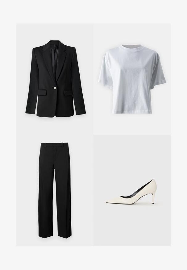 Zwarte blazer met gesneden revers, sluiting met één knoop, twee voorzakken en gestructureerde schouders. Glad materiaal met een getailleerde pasvorm.; IVY OAK KYLA - T-shirt basic - bright white; Zwarte, wijdvallende broeken van een gladde, geweven stof. Bevat een platte voorkant, riemlussen en zijzakken voor een gekleed uiterlijk.; Witte gepatineerde leren hoge hakken met een puntige neus, slanke hak en zwarte interieurafwerking. Gladde textuur en stijlvolle uitstraling.