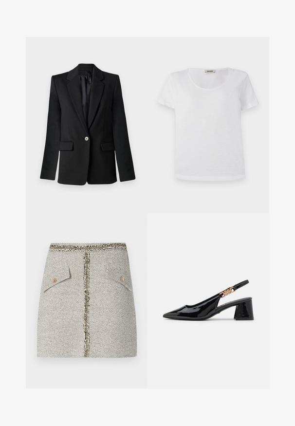 Melnā žakete ar iegrieztām atlēmēm, vienu pogu aizdari, divām priekšējām kabatām un strukturētām plecu daļām. Gluda auduma, pielāgota piegriezuma.; Balta īsām piedurknēm T-krekls, kas izgatavots no mīksta auduma, ar apaļu kakla izgriezumu un taisnu griezumu, bez redzamajiem rakstiem vai akcentiem.; Auduma tīka svārki ar baltu un melnu ķīļveida rakstu, satur divas priekšējās kabatas un zelta krāsas rāvējslēdzēju aizmugurē ar saplēstiem malām.; Melna patentēta ādas slingback apavi ar norādītu purngalu un zelta toņa aparatūru siksniņā, ar blokveida papēdi. Gluda tekstūra.