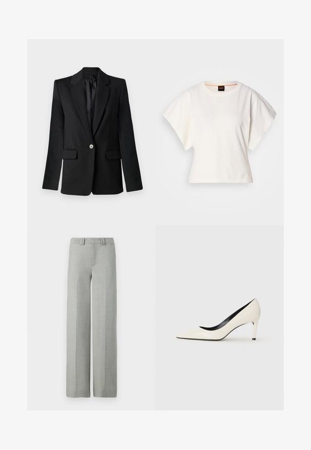 Black blazer with notched lapels, single-button closure, two front pockets, and structured shoulders. Smooth fabric with a tailored fit.; White cropped T-shirt, short wide sleeves, soft cotton material, round neckline with subtle orange trim, minimal design, no patterns or graphics.; Gray wide-leg trousers in a lightweight fabric, featuring a flat front, belt loops, and clean, tailored lines with no visible patterns.; White patent leather high-heeled pump with a pointed toe, slim heel, and black interior detailing. Smooth texture and sleek design.