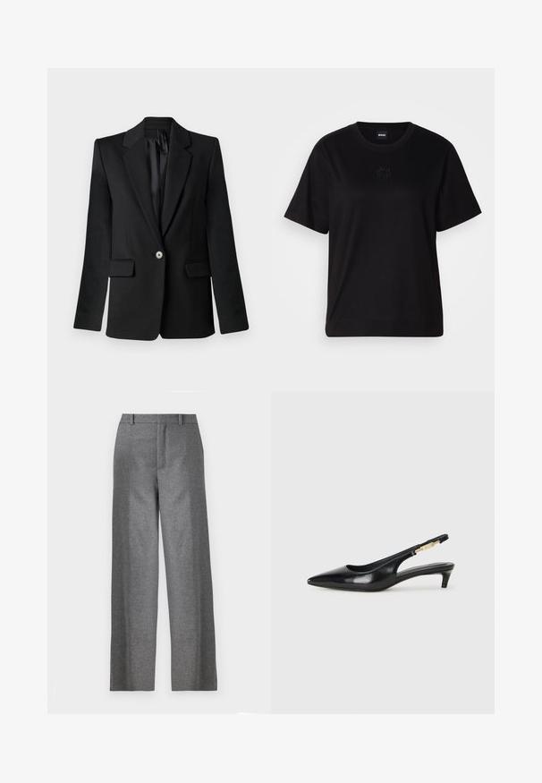 Čierny blazer s klopovými výstrihmi, jedným gombíkom, dvoma prednými vreckami a štruktúrovanými plecami. Hladká tkanina s prispôsobeným strihom.; Čierne bavlnené tričko s okrúhlym výstrihom, krátkymi rukávmi a vyšívaným logom na hrudi. Jednoduchý, voľný strih bez vzorov.; Šedé, strihané nohavice so spodným zostrihom, vyrobené z textúrovanej tkaniny. Majú plochý predný diel, pútka na opasok a bočné vrecká.; Čierne kožené slingback opätky s špicatou špičkou, s úzkym opätkom a zlatým detailom na nastaviteľnom remienku. Hladká textúra.