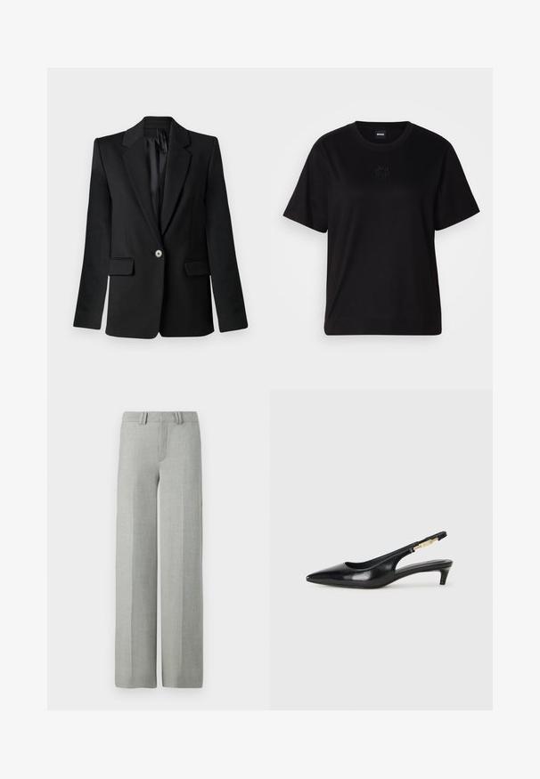 Blazer nero con revers a sacchetto, chiusura a un bottone, due tasche frontali e spalle strutturate. Tessuto liscio con una vestibilità sartoriale.; Maglietta in cotone nera con scollatura tonda, maniche corte e logo ricamato sul petto. Design semplice e vestibilità rilassata senza motivi.; Pantaloni larghi grigi in un tessuto leggero, con una parte anteriore piatta, passanti per la cintura e linee pulite e sartoriali senza motivi visibili.; Tacchi slingback in pelle nera con punta affusolata, caratterizzati da un tacco alto e un accento dorato sulla cinghia regolabile. Texture liscia.