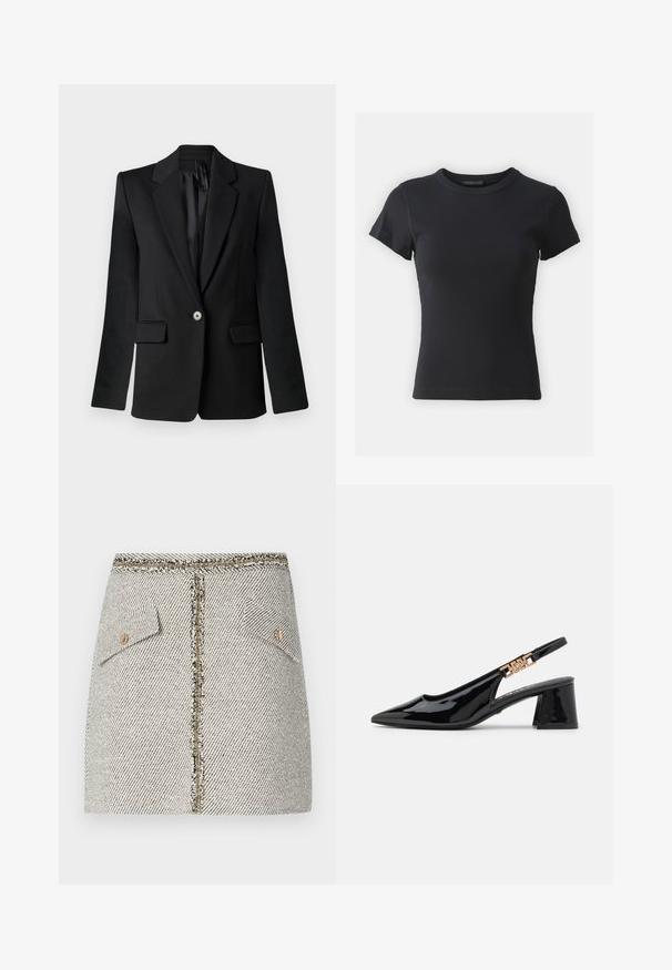 Čierny blazer s klopovými výstrihmi, jedným gombíkom, dvoma prednými vreckami a štruktúrovanými plecami. Hladká tkanina s prispôsobeným strihom.; Čierne rebrované tričko s okrúhlym výstrihom a krátkymi rukávmi, s priliehavým strihom a hladkou textúrou. Jednoduchý dizajn, bez vzorov.; Tkaná tweedová sukňa v bielo-čiernom herringbone vzore, má dve predné vrecká a zlatý zips na zadnej strane s rozstrapkanými okrajmi.; Čierne lakkové slingback lodičky s špicatou špičkou a zlatými doplnkami na popruhu, s blokovým podpätkom. Hladký povrch.