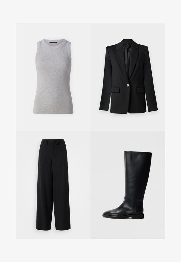 Fekete zakó füles gallérral, egy gombos záródással, két elülső zsebbel és struktúrált vállakkal. Sima anyag, testhezálló fazon.; Szürke ujjatlan trikó bordás anyagból. Kerek nyakkivágással és testhezálló fazonnal rendelkezik. Egyszerű dizájn, nincs látható minta vagy díszítés.; Fekete, széles szárú nadrág sima anyagból, lapos elejű kialakítással, redőzött részletekkel és övhurkokkal a derékrészen.; Fekete bőrből készült, térd fölé érő csizma, lekerekített orral, sima felülettel, minimalista dizájnnal és lapos talppal. Egyszerű varrási részletek a szárán.