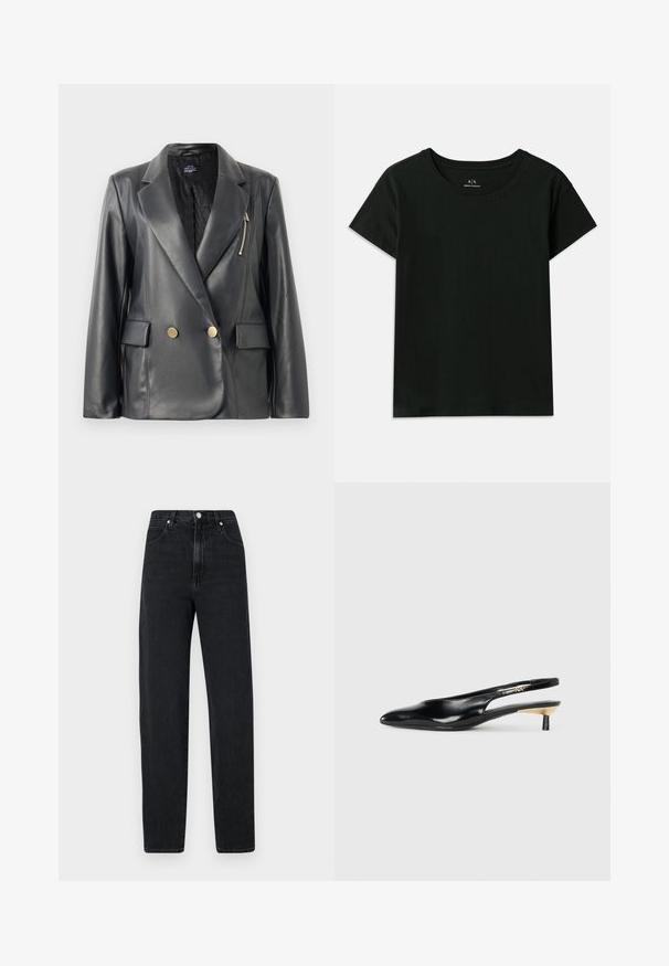 Dunkles Leder-Doppelreiher-Blazer mit satinierter Oberfläche, breiten Revers, goldfarbigen Knöpfen, Reißverschlusstasche und gestepptem Futter.; Schwarzes kurzärmeliges T-Shirt aus Baumwolle. Verfügt über einen Rundhalsausschnitt und geprägten "Armani Exchange"-Schriftzug entlang der Schulter. Einfaches Design.; Schwarze Jeans mit geradem Bein aus Denim. Merkmale sind eine hohe Taille, ein metallener Knopfverschluss, fünf Taschen und subtile Nähdetails.; Schwarze Slingback-Pumps mit spitzem Zehenbereich, glänzendem Lederfinish und kleinem Absatz mit goldenen Akzenten. Elegantes Design mit offenem Rücken.