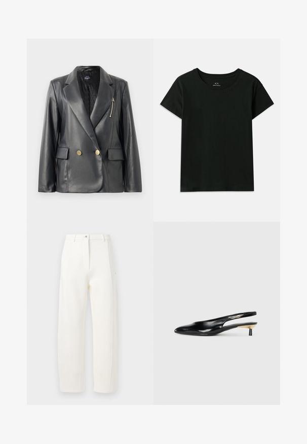 Svart skinn blazer med dobbeltknapping som har satinfinish, brede rever, knapper i gulltone, glidelåslomme og quiltet fôr.; Svart kortermet T-skjorte laget av bomull. Har rund hals og preget "Armani Exchange"-tekst langs skulderen. Enkel design.; Hvite skreddersydde bukser med rett passform, frontfolder, glidelås og knappelukking, samt sidelommer. Glatt stoff med matt finish.; Sorte slingback pumps med spiss tå, glanset skinnfinish og en liten hæl med gullakcent. Elegant design med åpen bak.