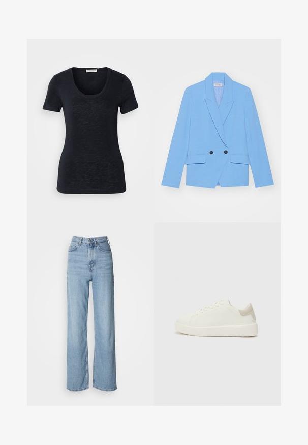 Svijetloplava dvostruko zatvorena blejzerica izrađena od glatkog materijala. Ima velike crne dugmadi, rever na izrez, te dva bočna džepa.; Črna kratkodlaka majica s krojnim izrezom, lahkotna tekstura in fitted silhueta, z neznatnimi variacijami v tkanini.; Svijetloplave traperice viskog struka s ravnim nogavicama, izrađene od denima, s prednjim kopčanjem na gumb i suptilnim detaljima izblijeđivanja.; Beli nizki športni čevlji z gladko teksturo, ki vključujejo svetlo bež semiš nuta na peti in debel bel gumijast podplat.