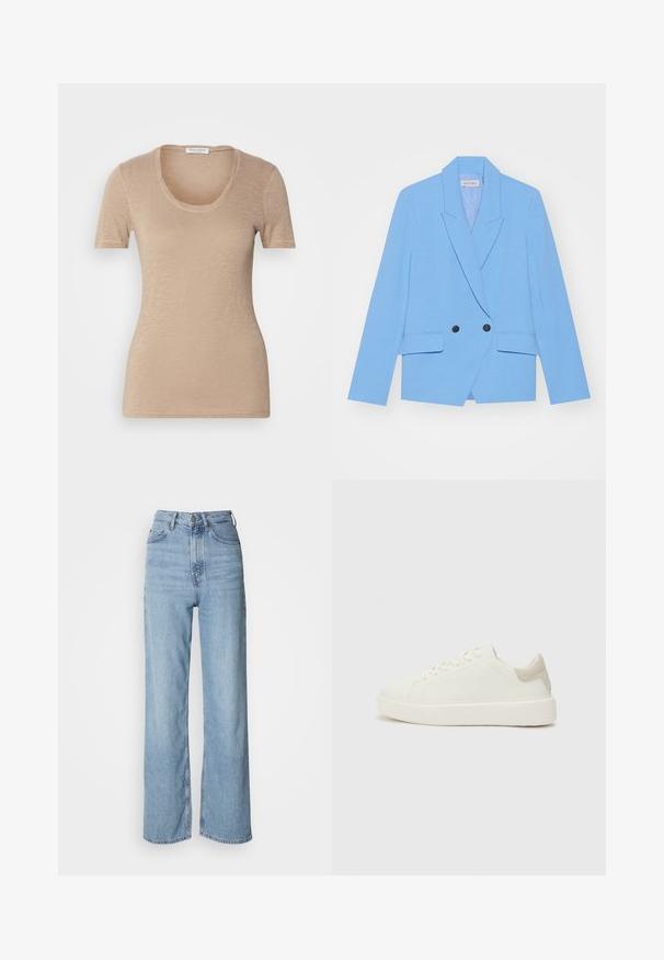 Lichtblauwe dubbele blazer gemaakt van gladde stof. Kenmerkt zich door grote zwarte knopen, notch-kraag en twee zijzakken.; Beige T-shirt met korte mouwen en een ronde hals. Gemaakt van een lichte, текстuurlijke stof. Heeft een aansluitend ontwerp en minimale naden.; Lichtblauwe high-waisted jeans met een rechte pijp, gemaakt van denim, met een sluiting aan de voorkant met knopen en subtiele vervagingdetails.; Witte lage sneakers met een gladde textuur, voorzien van een lichtbeige suède accent op de hiel en een dikke witte rubberen zool.