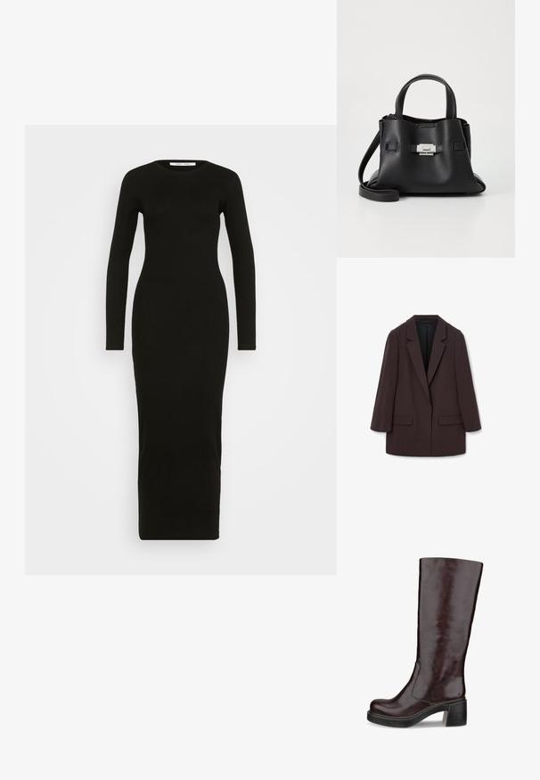 Blazer castanho oversized com lapelas em xale, duas bolsos frontais e uma textura suave, apresentando um fecho de botão único e uma silhueta descontraída.; Vestido de jersey preto de manga longa com decote redondo, silhueta ajustada e comprimento até os tornozelos. Textura suave, sem padrões ou adornos.; Bota castanha até ao joelho com um design elegante, salto chunky e acabamento em couro liso, exibida sobre um fundo branco.; Bolsa de mão de couro preto com um acabamento texturizado, apresentando duas alças superiores, uma alça de ombro destacável e um detalhe de fecho prateado.