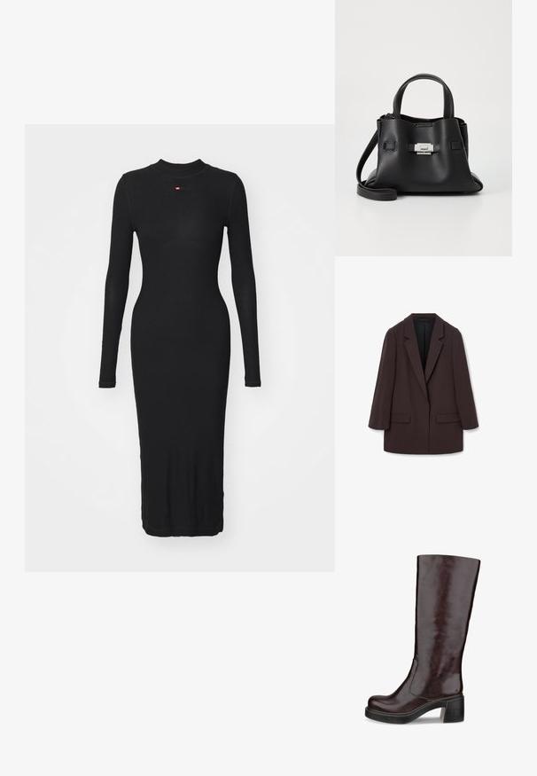 Rudas didelis bleizeris su šalikais, dviem priekinėmis kišenėmis ir lygiu paviršiumi, turintis vieno mygtuko užsegimą ir laisvą siluetą.; Juodas ilgomis rankovėmis suknelė, pagaminta iš banguotos medžiagos, turinti aukštą apykaklę ir priglundančią siluetą, kuris krinta iki kelių.; Rudi ikių ilgio batai su elegantišku dizainu, stambiu kulnu ir lygiu odos paviršiumi, eksponuojami prieš baltą foną.; Juodas odinis rankinės su tekstūruota apdaila, turintis dvi viršutinės rankenos, nuimamą peties diržą ir sidabrinį užsegimą.