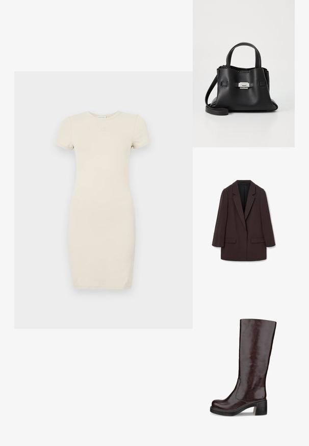 Ruskea ylipitkä bleiseri, jossa on huppu-lapelsit, kaksi etutaskua ja sileä rakenne, yksi nappikiinnitys ja rento siluetti.; Valkoinen beige lyhythihainen mekko, jossa on istuva siluetti. Valmistettu pehmeästä kankaasta, ja siinä on pieni brodeerattu logo rinnassa.; Ruske poluvisoke čizme s elegantnim dizajnom, masivnim potplatom i glatkom kožnom završnom obradom, prikazane na bijeloj pozadini.; Mustat nahkaa oleva käsilaukku, jossa on teksturoitu pinta, kaksi yläkahvaa, irrotettava olkahihna ja hopeinen solk yksityiskohta.