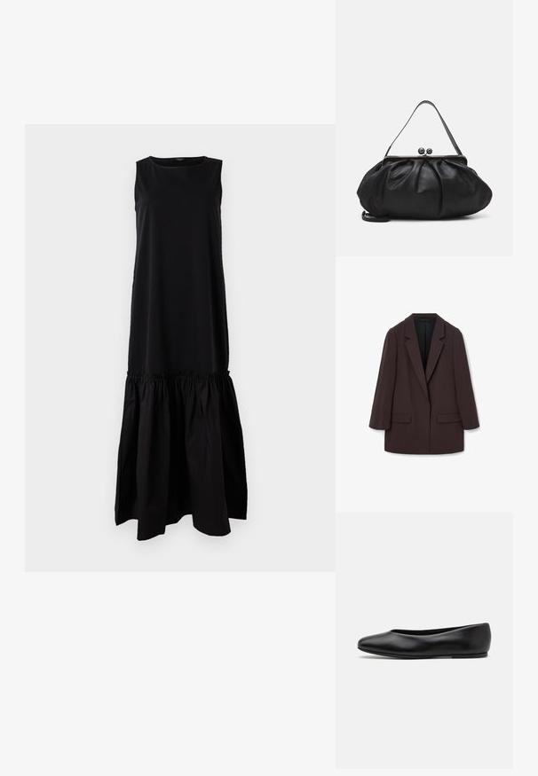 Blazer oversized marron avec revers châle, deux poches avant et une texture lisse, présentant une fermeture à un seul bouton et une silhouette décontractée.; Robe noire sans manches avec un haut ajusté et un bas évasé froncé. Fabriquée en tissu doux, elle présente un décolleté rond et une longueur au milieu du mollet.; Paul Smith TOPANGA - Ballerines - black; Sac à main en cuir noir avec un design arrondi et plissé. Il possède un fermoir métallique avec deux boules décoratives et une bandoulière fine et amovible.