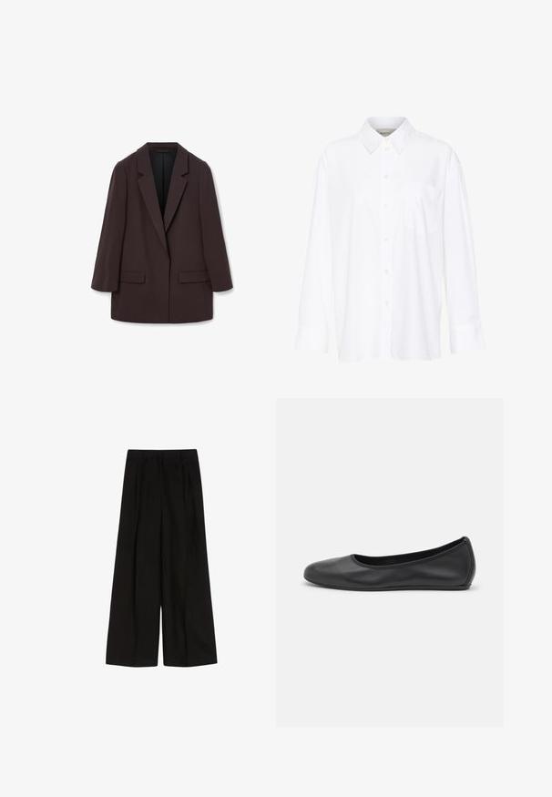 Blazer oversize marrone con rever a scialle, due tasche frontali e una trama liscia, caratterizzato da una chiusura a un bottone e una silhouette rilassata.; Camicia bianca a maniche lunghe con colletto in cotone. Caratterizzata da una chiusura con bottoni e una tasca sul petto singola. Tessuto liscio, vestibilità comoda.; Pantaloni neri a gamba larga con vita alta, caratterizzati da pieghe e un tessuto morbido al tatto. Design pulito senza hardware visibile o decorazioni.; Pantofole da balletto nere in pelle con punta arrotondata, texture liscia, dettagli di cucitura minimi e design con suola flessibile.