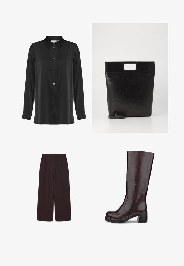 Brown oversized blazer with shawl lapels, two front pockets, and a smooth texture, featuring a single-button closure and relaxed silhouette.; Black long-sleeve shirt made of smooth fabric, featuring a button-down front, classic collar, and single-button cuffs.; Dark brown wide-leg pants made of lightweight fabric, featuring a high waist, pleats, and two side pockets, with an elastic waistband.; Brown knee-high boot with a sleek design, chunky heel, and smooth leather finish, displayed against a white background.; Black leather tote bag with a square handle, featuring a textured finish and embossed logo. Includes a detachable strap.