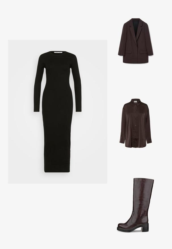 Bruine oversized blazer met sjalkleppen, twee voorzakken en een gladde textuur, voorzien van een éénknopsluiting en een relaxte silhouet.; Bruine satin knopsluiting shirt met een klassieke kraag, lange mouwen en een losse pasvorm met een zachte textuur en een subtiele glans.; Zwarte lange mouwen tricot jurk met een ronde hals, aansluitende silhouet en enkel-lange ontwerp. Gladde textuur, geen patronen of versieringen.; Bruine kniehoge laars met een sleek ontwerp, chunky hak en een zachte leren afwerking, gepresenteerd tegen een witte achtergrond.; Zwarte leren handtas met een gestructureerde afwerking, voorzien van twee handvatten, een verwijderbare schouderband en een zilveren sluiting.