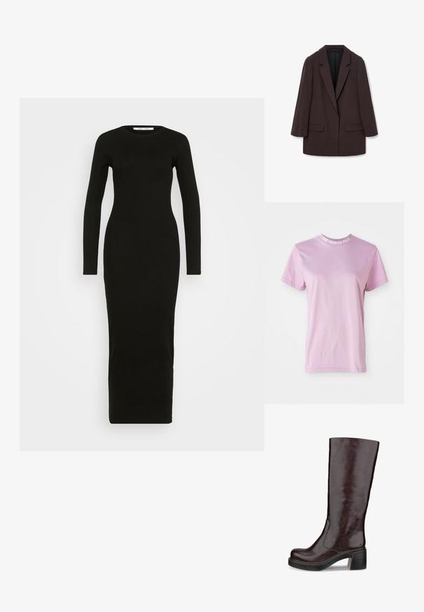 Hnědý oversized blejzr s šálovými klopami, dvěma předními kapsami a hladkou texturou, s jedním knoflíkovým zapínáním a uvolněným střihem.; Světle růžové tričko s krátkým rukávem a kulatým výstřihem, s nápisem "THE NORTH FACE" v bílém na límci. Měkký bavlněný materiál.; Černé dlouhé rukávy pletené šaty s kulatým výstřihem, přiléhavým střihem a délkou až po kotníky. Hladký povrch, bez vzorů či ozdob.; Hnědá kozačka do výšky kolen s elegantním designem, masivním podpatkem a hladkým koženým povrchem, vystavená na bílém pozadí.; Černá kožená kabelka s texturovaným povrchem, vybavená dvěma horními uchy, odnímatelným ramenním popruhem a stříbrným detailem s uzávěrem.