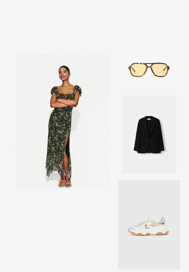 Schwarzer Blazer aus glattem Stoff. Verfügt über einen Ein-Knopf-Verschluss, Reverskragen und zwei Fronttaschen mit flachen Nähten.; Blumen-Maxikleid in Dunkelgrün, mit kurzen Puffärmeln, einem Schlitz vorne und einem Rüschensaum. Leichter Stoff mit zartem Muster.; Chunky Sneakers aus silbernem und weißem Mesh, mit einer strukturierten Gummisohle, dekorativen Reißverschlüssen und einer Gummisohle.; Sonnenbrille aus Schildpatt mit geometrischem Design, gelben Gläsern und Metallakzenten an den Bügeln. Breiter Rahmen und matte Textur.