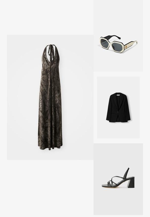 Čierny blazer vyrobený z hladkej tkaniny. Obsahuje zapínanie na jeden gombík, klopové golieriky a dve predné vrecká s plochými švami.; Dlhá tmavošedá halter šaty z jemnej, krčenej tkaniny s hlbokým výstrihom do V a nastaviteľnými ramienkami, skladajúca sa až po členky.; Čierne sandále na vysokom podpätku so štvorcovou špičkou, s viacerými tenkými remienkami a geometrickým blokovým podpätkom. Hladká kožená textúra a minimalistický dizajn.; Slnečné okuliare s osmiuholníkovým bielym rámom, čiernymi okrajmi a sivými sklami. Zlatý detail loga na boku dodáva jedinečný akcent.; Čierna kožená taška cez plece s hladkým povrchom, nadrozmerným tvarom a jedným ramenným popruhom. Obsahuje akcent zlatého loga.