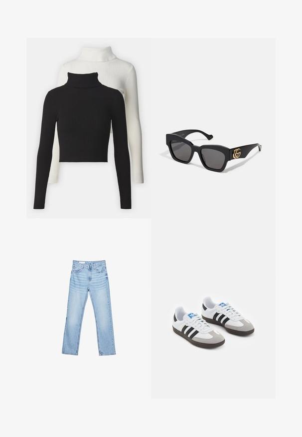 Schwarzer Blazer aus glattem Stoff. Verfügt über einen Ein-Knopf-Verschluss, Reverskragen und zwei Fronttaschen mit flachen Nähten.; Zwei gerippte Rollkragenpullover: einer schwarz, einer weiß. Beide haben lange Ärmel und einen cropped Schnitt, aus einem weichen, strukturierten Stoff.; Hellblaue Jeans aus Denim mit geradem Schnitt, Fünf-Taschen-Design und sichtbaren Nähten. Mittelhoher Taillenbund mit klassischem Knopf- und Reißverschluss.; Sportschuhe mit einem Obermaterial aus weißem Leder, grauer Wildleder-Zehenkappe und drei schwarzen Streifen. Sie verfügen über ein blaues Logo auf der Zunge und eine strukturierte Gummisohle.; Schwarze rechteckige Sonnenbrille mit dunklen Gläsern, mit goldenem GG-Logo an der Seite. Aus glänzendem Kunststoff mit geraden Bügeln.; Schwarze Lederhandtasche mit strukturierter Form, ausgestattet mit einem goldenen "VALENTINO"-Logo-Tragegurt und einem abnehmbaren Schultergurt. Texturierte Oberfläche.
