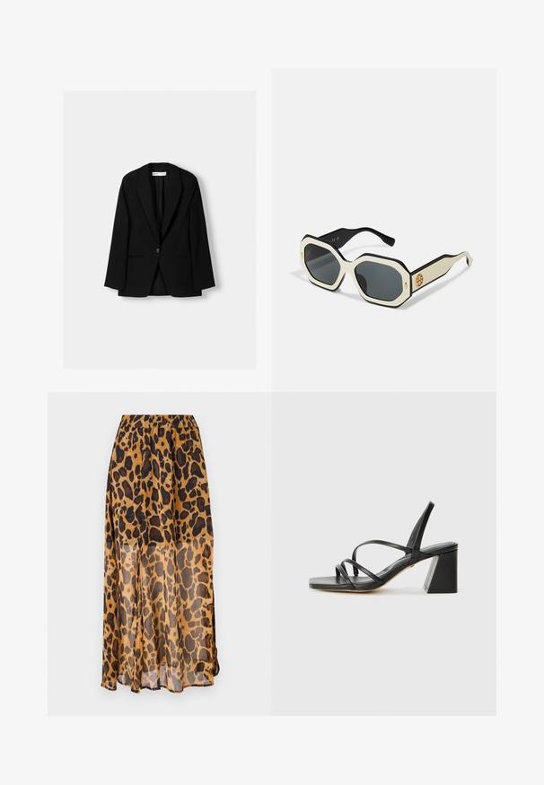 Zwarte blazer van een gladde stof. Voorzien van een enkele knoopsluiting, gesneden revers en twee voorzakken met platte naden.; Witte button-up shirt met een puntige kraag, lange mouwen en een klein blauw logo op de linkerborst. Gemaakt van katoen.; Luipaardprint rok van lichtgewicht, doorzichtig stof. Bevat een elastische tailleband en een vloeiende snit, met tinten bruin en zwarte vlekken.; Zwarte sandaaltjes met een vierkante teen, voorzien van meerdere dunne bandjes en een geometrische blokhak. Gladde lederen textuur en minimalistisch design.; Zonnebril met een octagonaal wit frame, zwarte randen en grijze lenzen. Gouden logo detail aan de zijkant voegt een onderscheidend accent toe.; Witte leren handtas met gouden beslag, voorzien van een flapsluiting en een afneembare, verstelbare band. Ronde metalen accenten in het midden.