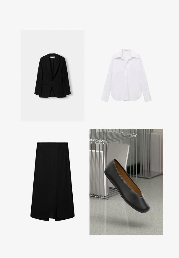 Blazer noir en tissu lisse. Présente une fermeture à un bouton, des revers crantés et deux poches avant avec des coutures plates.; Chemise blanche à manches longues, boutonnière classique, coupe décontractée, fentes latérales et texture lisse, fabriquée à partir d'un tissu léger.; Jupe noire arrivée au genou avec une taille haute et un détail de fente à l'avant.; Ballerine en cuir noir avec un bout arrondi, texture lisse et un accent logo doré sur le côté. Placée au-dessus d'une surface réfléchissante.