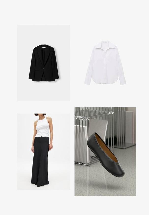 Svart blazer tillverkad av ett slätt tyg. Har en enkel knappstängning, skarp veck och två framfickor med platta sömmar.; Vit långärmad skjorta med knappar och klassisk krage, avslappnad passform, sidoflikar och slät textur som är gjord av lättviktsmaterial.; Svart golvlång kjol i mjukt tyg, med åtsittande midja och en lätt utsvängning mot fållen. Kombinerad med en vit linne.; Svart läderballerinaskor med rundad tå, slät yta och en guldlogotyp på sidan. Positionerade ovanför en reflekterande yta.