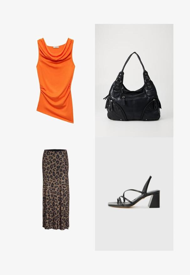 Black blazer made from a smooth fabric. Features a single button closure, notched lapels, and two front pockets with flat seams.; Orange sleeveless top with a cowl neckline, featuring ruching on one side and a smooth, stretchy fabric. Asymmetrical hem design.; Leopard print skirt in brown and black, featuring a flowing design with a subtle ruffle hem, made from lightweight, soft fabric.; Black heeled sandals with a square toe, featuring multiple thin straps and a geometric block heel. Smooth leather texture and minimal design.; Black leather handbag with double handles, front zipper pockets, and metal rivet details, set against a plain light background.
