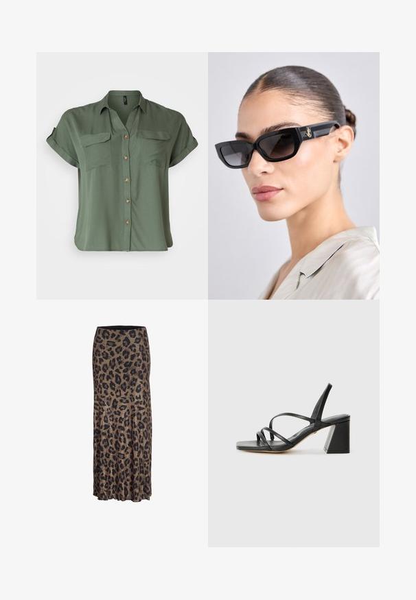 Schwarzer Blazer aus glattem Stoff. Verfügt über einen Ein-Knopf-Verschluss, Reverskragen und zwei Fronttaschen mit flachen Nähten.; Kurzärmeliges, olivgrünes Hemd mit Knopfleiste aus glattem Stoff, ausgestattet mit zwei Brusttaschen und kontrastierenden Knopfdetails.; Leopardenmusterrock in Braun und Schwarz, mit einem fließenden Design und einem dezenten Rüschensaum, hergestellt aus leichtem, weichem Stoff.; Schwarze High Heels Sandalen mit quadratischer Zehenpartie, die mehrere dünne Riemen und einen geometrischen Blockabsatz aufweisen. Glatte Ledertextur und minimales Design.; Schwarze rechteckige Sonnenbrille mit getönten Gläsern, ausgestattet mit klobigen Rahmen und goldenen Hardware-Details an den Bügeln. Glatte, glänzende Oberfläche.; Schwarze Lederhandtasche mit strukturiertem Design, goldfarbenen Beschlägen und einem Schlosselement. Verfügt über zwei obere Henkel und geprägtes Branding auf der Vorderseite.