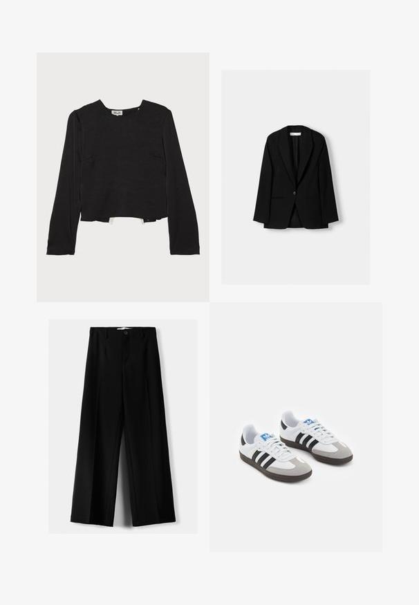 Musta bleiseri, joka on valmistettu sileästä kankaasta. Sisältää yksittäisen nappisuljin, viistetyt kaulukset ja kaksi etutaskua tasaisilla saumoilla.; Mustassa pitkähihaisessa paidassa on pyöreä pääntie, teksturoitu kangas, lyhennetty helma ja hienovaraiset saumat, ja siinä on sivutaskut lisäyksinä.; Mustat leveälahkeiset housut, jotka on valmistettu kevyestä kankaasta. Housuissa on etunappikiinnitys ja tasainen etuosa, sekä huolellisesti ommellut helmat.; Urheilukengät, joissa on valkoinen nahkainen päällinen, harmaa mokkanokka ja kolme mustaa raitaa. Ominaisuuksina sininen logo kielekkeessä ja kuvioitu kumipohja.