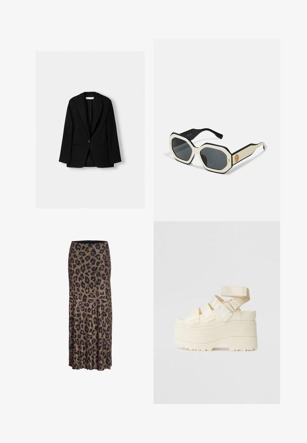 Black blazer made from a smooth fabric. Features a single button closure, notched lapels, and two front pockets with flat seams.; Black short-sleeve t-shirt made of soft fabric. Features a classic crew neckline and a relaxed fit. No patterns or accents visible.; Leopard print skirt in brown and black, featuring a flowing design with a subtle ruffle hem, made from lightweight, soft fabric.; UGG GOLDENRISE - Platform sandals - jasmine; Sunglasses with an octagonal white frame, black edges, and gray lenses. Gold logo detail on the side adds a distinctive accent.