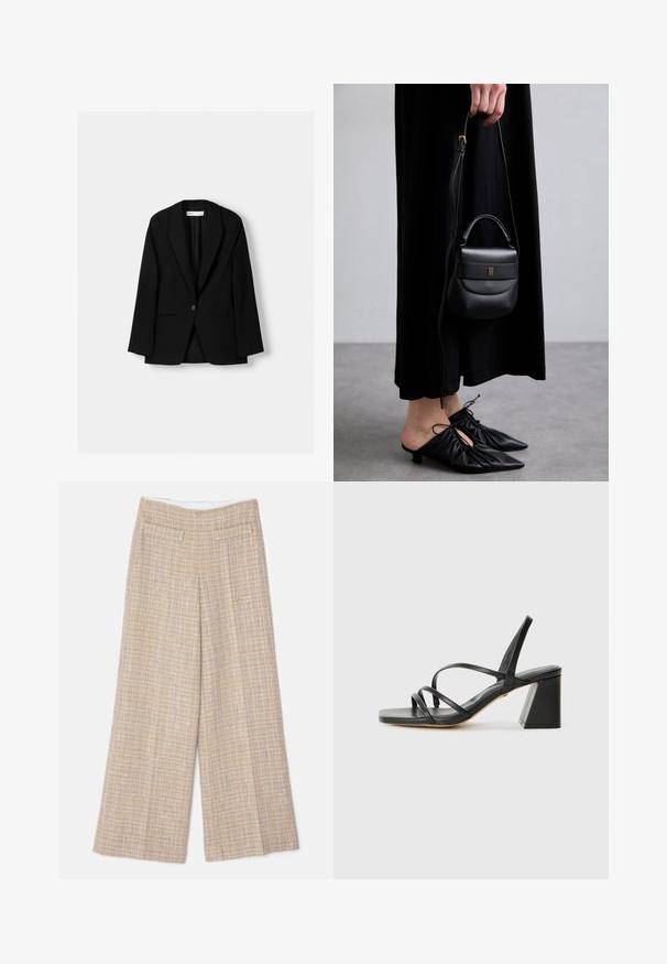 Schwarzer Blazer aus glattem Stoff. Verfügt über einen Ein-Knopf-Verschluss, Reverskragen und zwei Fronttaschen mit flachen Nähten.; Schwarzes kurzärmeliges T-Shirt aus weichem Stoff. Mit klassischem Rundhalsausschnitt und lockerer Passform. Keine Muster oder Akzente sichtbar.; Beige weite Hose aus strukturiertem Stoff mit feinem Karomuster; verfügt über zwei Gesäßtaschen und einen glatten Bund.; Schwarze High Heels Sandalen mit quadratischer Zehenpartie, die mehrere dünne Riemen und einen geometrischen Blockabsatz aufweisen. Glatte Ledertextur und minimales Design.; Kleine schwarze Ledertasche mit runder Form, Obergriff und abnehmbarem Riemen. Getragen zu einem schwarzen Stoffkleid und schwarzen plissierten Schuhen.