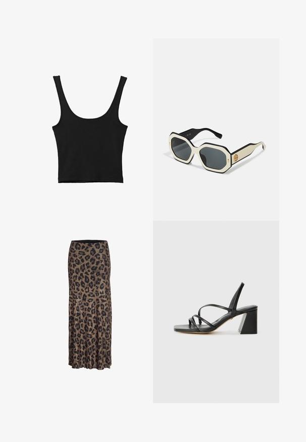 Černý blazer vyrobený z hladké látky. Obsahuje zapínání na jeden knoflík, klopové límce a dvě přední kapsy s hladkými švy.; Černý zkrácený top s širokými ramínky, vyrobený z měkkého materiálu, s hladkou texturou a minimalistickým designem.; Sukně s leopardím vzorem v hnědé a černé barvě, se splývavým střihem a jemným volánem na spodním okraji, vyrobená z lehkého, měkkého materiálu.; Černé sandály na vysokém podpatku se čtvercovou špičkou, zdobené několika tenkými pásky a geometrickým blokovým podpatkem. Hladká kožená textura a minimalistický design.; Sluneční brýle s oktagonálním bílým rámem, černými okraji a šedými skly. Zlatý logový detail na boku dodává elegantní akcent.