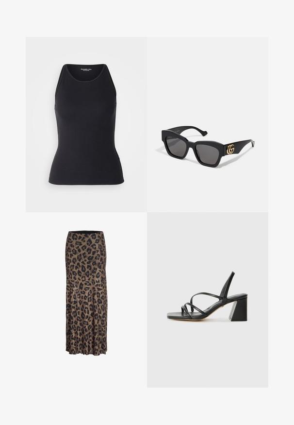 Crni sako napravljen od glatkog materijala. Ima jedan gumb za zatvaranje, rever koji je izrezan i dva prednja džepa s ravnim šavovima.; Abercrombie & Fitch HIGHNECK 4WAY CURVE HEM CAMI - Top - black beauty; Suknja s uzorkom leoparda u smešnim i crnim tonovima, s lepršavim dizajnom i suptilnim volanom na rubu, napravljena od lagane, mekane tkanine.; Crne sandale na visokoj peti sa kvadratnim vrhom, s više tankih remena i geometrijskom blok petom. Glatka kožna tekstura i minimalistički dizajn.; Crne pravokutne sunčane naočale s tamnim lećama, s zlatnim GG logotipom sa strane. Izrađene od sjajnog plastike s ravnim drškama.