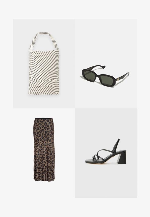 Zwarte blazer van een gladde stof. Voorzien van een enkele knoopsluiting, gesneden revers en twee voorzakken met platte naden.; Strapless top gemaakt van stof met een lichte crème basis en donkere bruin diagonale strepen. Beschikt over ruches bij de taille en een halternek.; Leopardprint rok in bruin en zwart, met een vloeiende vormgeving en een subtiele ruffle zoom, gemaakt van lichte, zachte stof.; Zwarte sandaaltjes met een vierkante teen, voorzien van meerdere dunne bandjes en een geometrische blokhak. Gladde lederen textuur en minimalistisch design.; Zwarte rechthoekige zonnebril met effen groene lenzen, met een glanzende afwerking en een gouden logoaccent aan de zijkant.