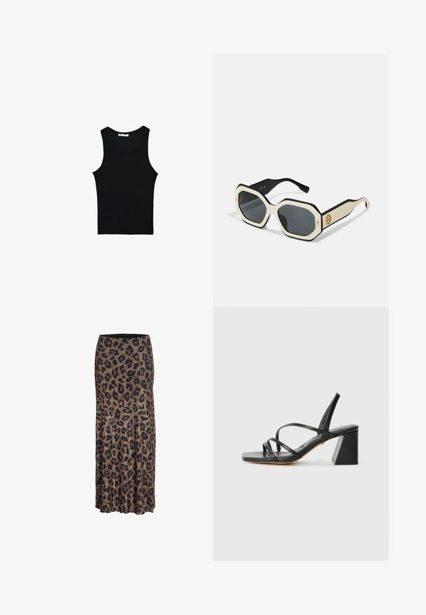 Czarna marynarka wykonana z gładkiego materiału. Posiada zapięcie na jeden guzik, klapy o zaokrąglonych brzegach oraz dwie przednie kieszenie z płaskimi szwami.; Czarny bawełniany top na ramiączkach z okrągłym dekoltem, bez rękawów i dopasowanym krojem. Gładka faktura z delikatnym ryżowym wzorem.; Spódnica w panterkę w kolorze brązowym i czarnym, o swobodnym kroju z delikatną falbaną na końcu, wykonana z lekkiego, miękkiego materiału.; Czarne sandały na obcasie z kwadratowym noskiem, z wieloma cienkimi paskami i geometrycznym obcasem blokowym. Gładka skórzana tekstura i minimalny design.; Okulary przeciwsłoneczne z ośmiokątną białą ramką, czarnymi krawędziami i szarymi szkłami. Złoty detal logo po bokach dodaje wyrazistego akcentu.; Biała skórzana torebka z złotymi okuciami, wyposażona w klapę zamykającą oraz odpinany, regulowany pasek. Okrągły metalowy element ozdobny na środku.