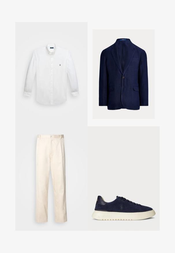 Navy linen blazer with a single button closure, notch lapels, two front pockets, and a chest pocket. Textured fabric with a relaxed fit.; White long-sleeve shirt in cotton fabric, featuring a button-down collar, navy logo on the chest, and button closure. Smooth texture.; Beige cotton trousers with a straight-leg cut, featuring a button closure and pleats at the front for added detail.; Navy suede low-top sneaker with a textured surface, rubber sole, and tonal laces, featuring a small logo on the side and heel.
