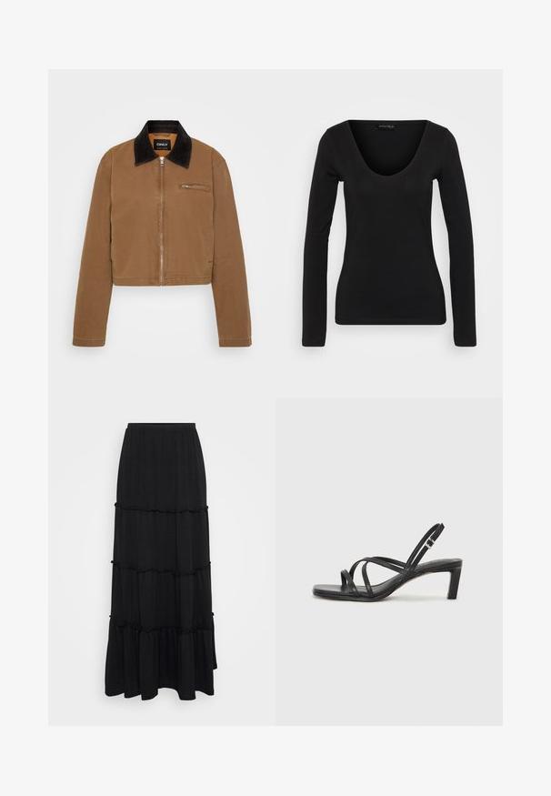 Καφέ κοντό μπουφάν με μαύρο κόρντουρο γιακά, μπροστινό φερμουάρ και τσέπη στο στήθος. Λείος ύφασμα με ελάχιστες λεπτομέρειες ραφής.; Μαύρη μακρυμάνικη μπλούζα από μαλακό ύφασμα. Διαθέτει V-λαιμόκοψη και εφαρμοστή σιλουέτα, με λεία υφή και ελάχιστες ραφές.; Μαύρη μάξι φούστα από ελαφρύ ύφασμα, με τρεις στρώσεις και φουσκωτές άκρες, καθώς και ελαστική μέση για άνεση.; Μαύρη σανδάλι με λουράκια και τετράγωνη μύτη, καθώς και χαμηλό μπλοκ τακούνι. Διαθέτει πολλαπλά λεπτά λουράκια και ρυθμιζόμενο λουράκι στον αστράγαλο. Κατασκευασμένο από λείο δέρμα.
