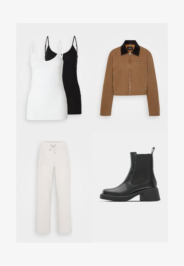 Brown cropped jacket with a black corduroy collar, front zipper, and a chest pocket. Smooth fabric with minimal stitching details.; Two women’s tank tops: one white and one black, made of soft fabric, featuring thin straps and a deep V-neck design.; Light beige linen pants with a wide leg design, an elastic waistband, and a front tie detail. Textured fabric adds visual interest.; Black leather ankle boots with elastic side panels, rounded toe, and a chunky block heel. Smooth texture with a minimalistic design.