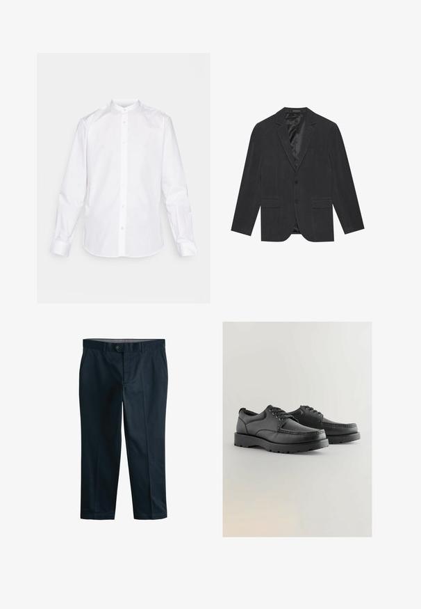 Blazer gris oscuro con un diseño de un solo botón, solapas de muesca, dos bolsillos frontales y un interior forrado de satén. Cierre de dos botones.; Camisa blanca de manga larga con cuello de banda, cierre frontal de botones y puños abotonados. Fabricada con una tela suave y un acabado nítido.; Pantalones de algodón azul marino con una textura suave, frente plano, bolsillos laterales y un cierre de botón único en la cintura. Corte entallado.; Zapatos de cuero negro con texturizado en la parte superior, punta redonda, diseño con cordones y suelas de goma gruesa con un patrón de relieve.